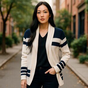 Lea & Viola Womens Striped Open Front Cardigan Size XL Black & White